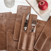 Leather cutlery pockets in a set of 4 in brown