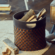 Woven firewood basket in chocolate brown/cognac