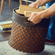 Woven firewood basket in chocolate brown/cognac