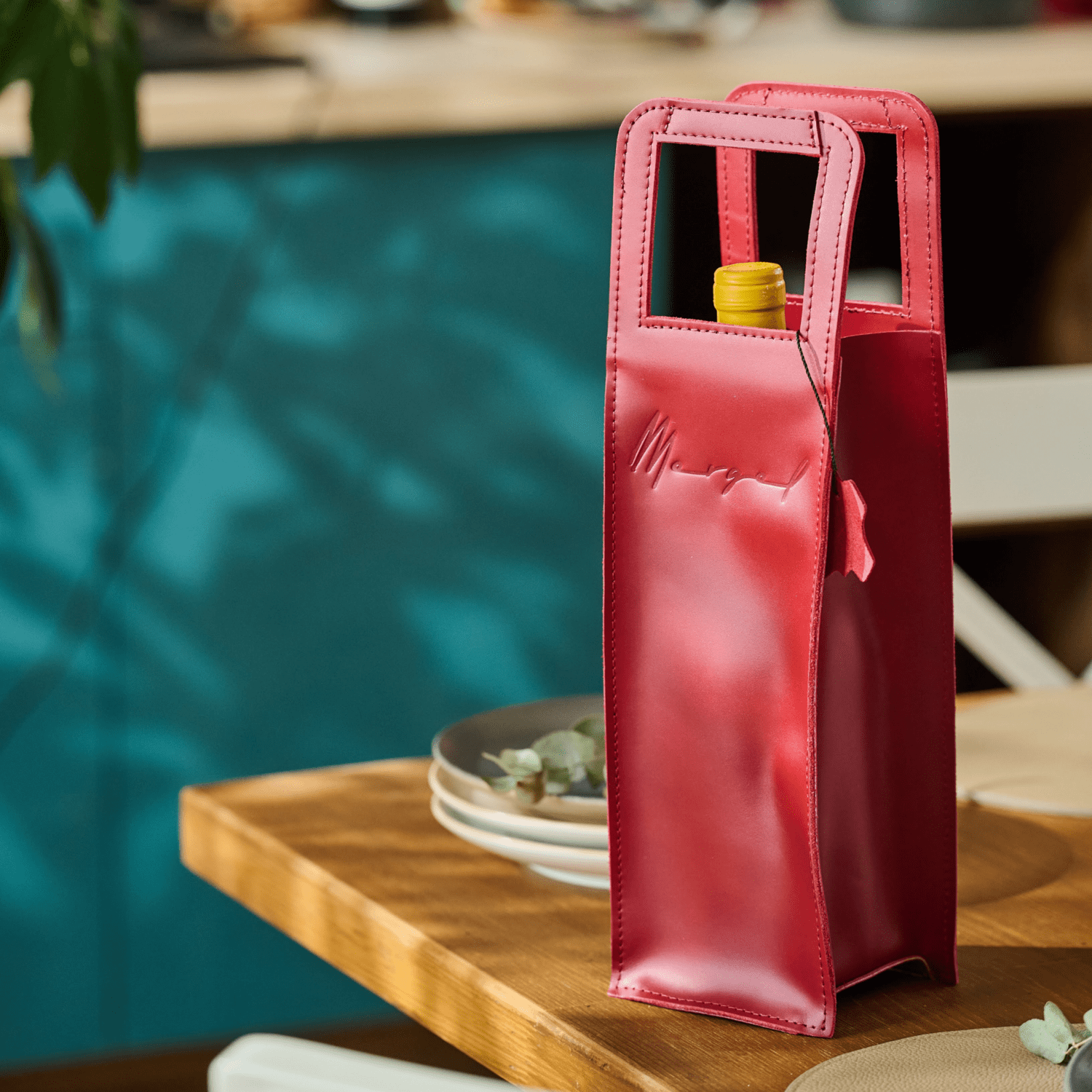 Red leather wine bag