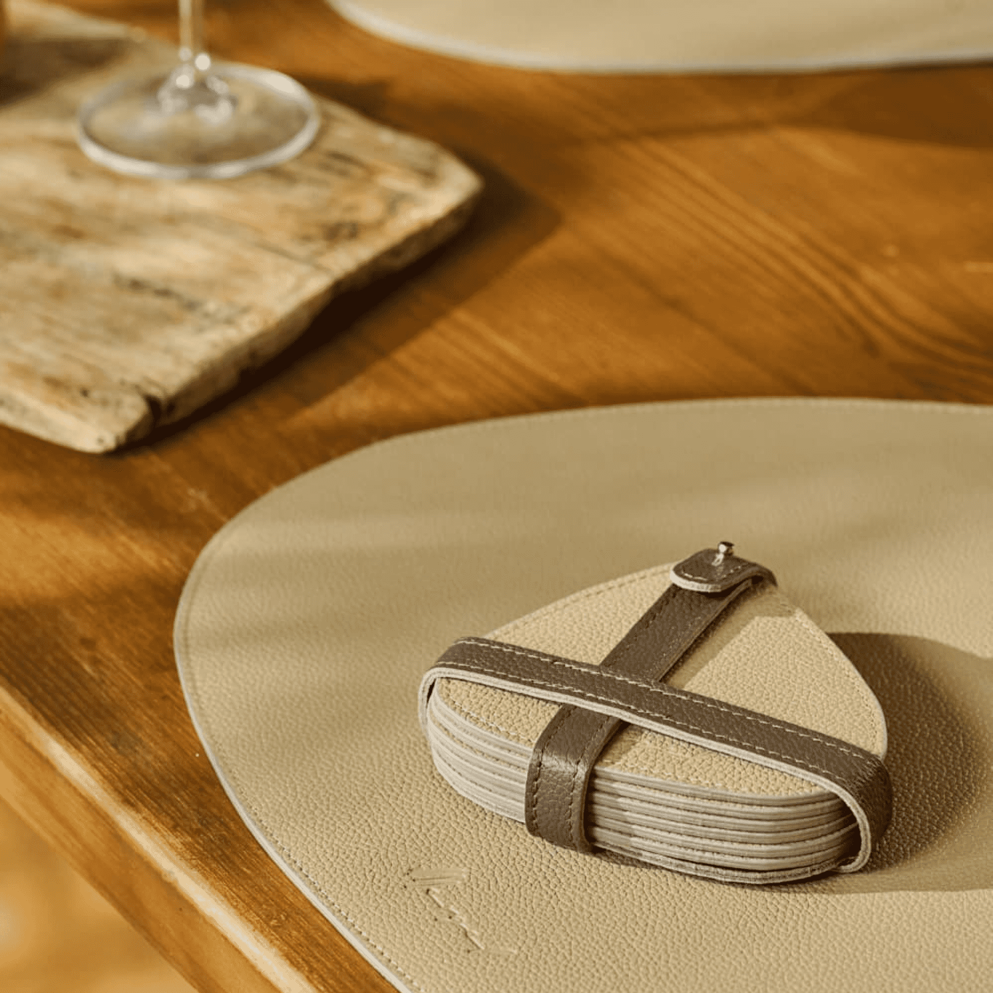 Triangular leather glass coasters in a set of 6, duo in beige and brown