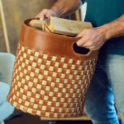 Woven firewood basket in cognac/beige