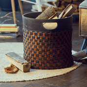 Woven firewood basket in chocolate brown/cognac