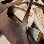 Firewood basket made of leather in chocolate brown