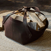 Firewood basket made of leather in chocolate brown