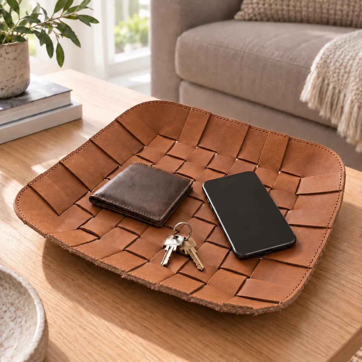 REEF Tray aus geflochtenem Leder in Cognac