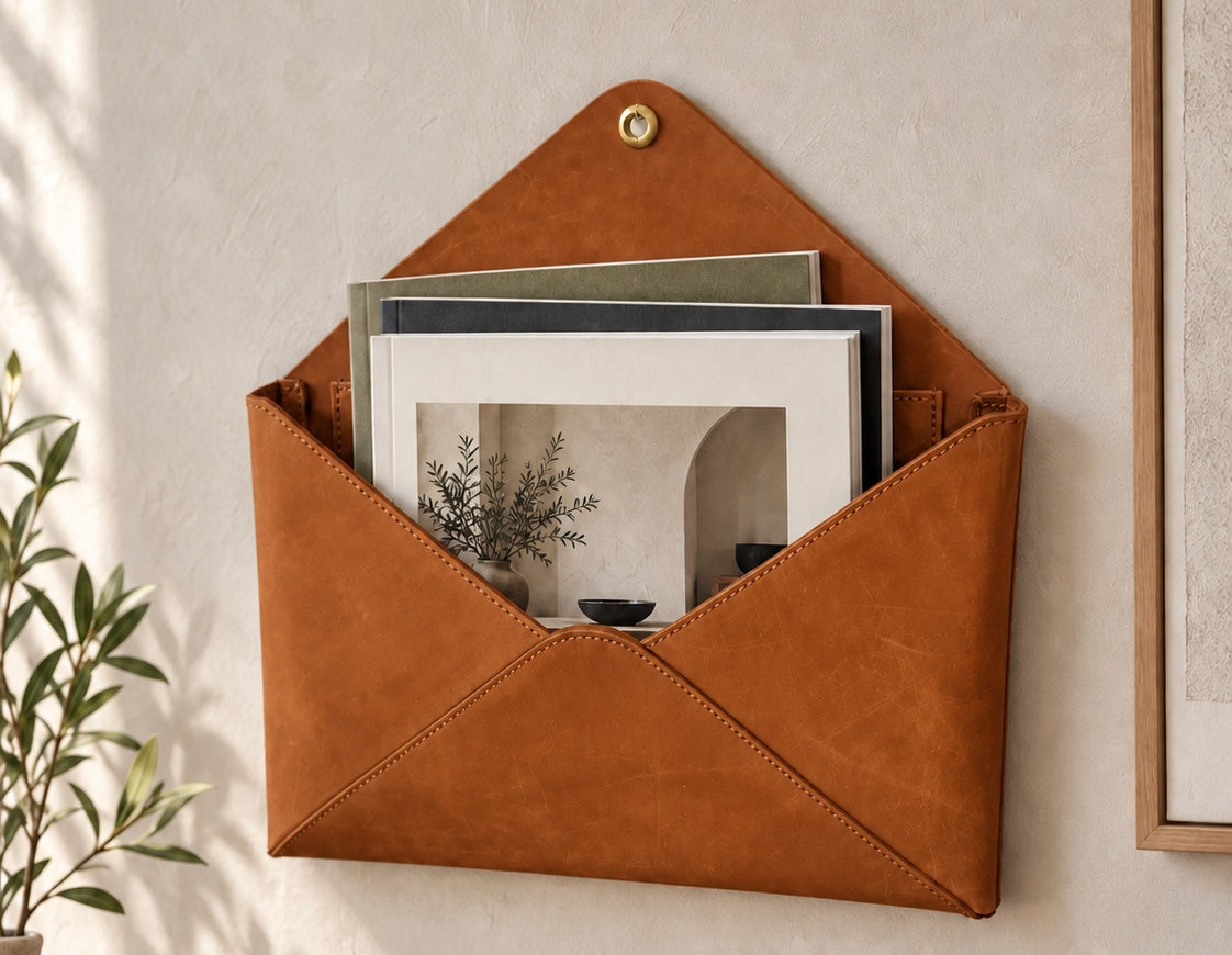 SAIL Wall Pocket aus Leder in Cognac an einer Wand