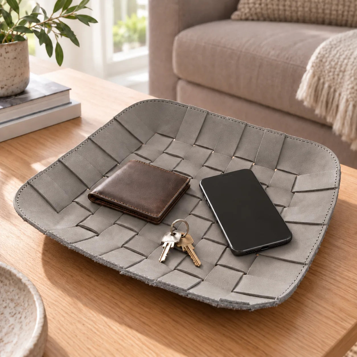 REEF Tray aus Leder – Stone Grey