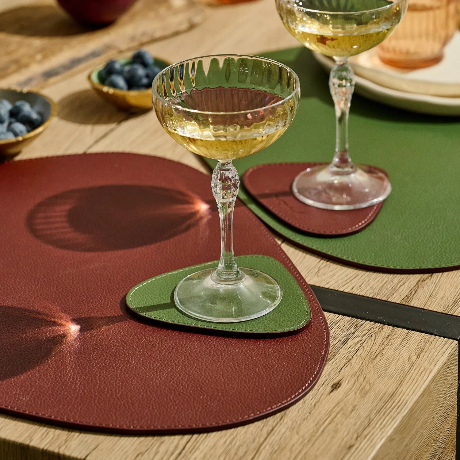 1x Triangular Leather Placemat - Olive Green/Burgundy (Reversible)