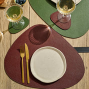 1x Triangular Leather Placemat - Olive Green/Burgundy (Reversible)
