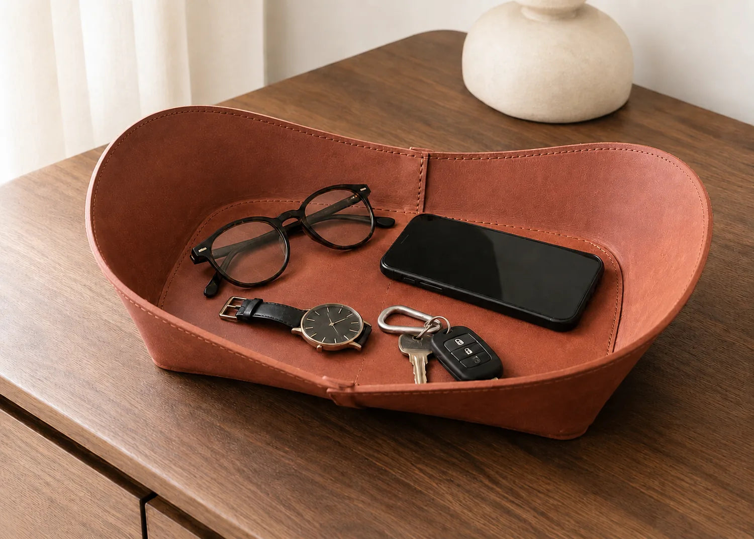 WAVE Tray aus Leder – Cognac, Detail