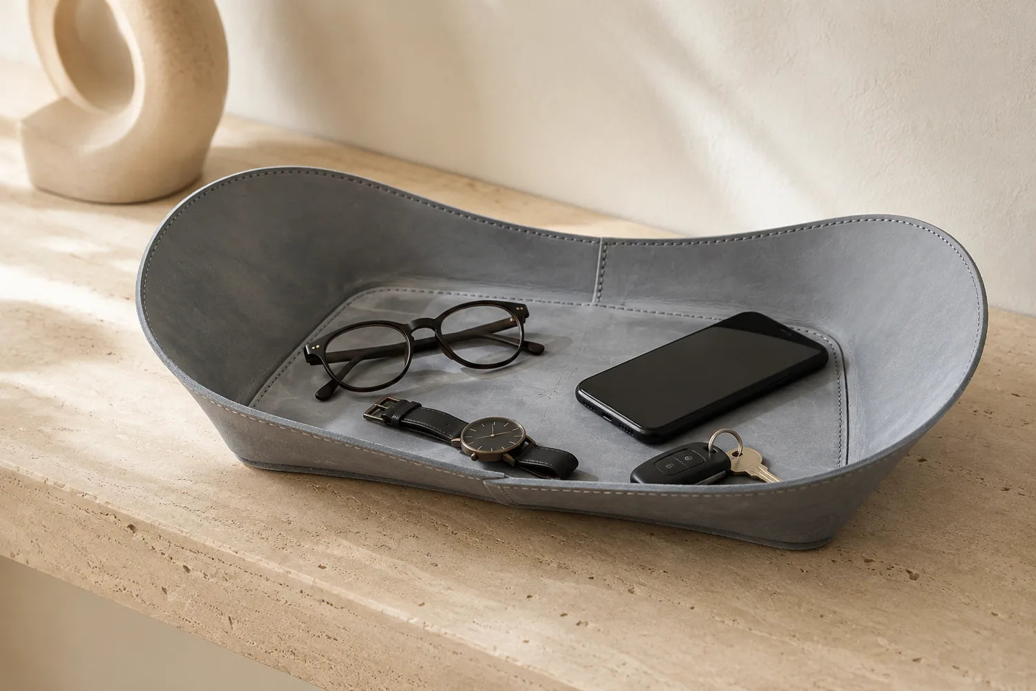 WAVE Tray aus Leder – Grau