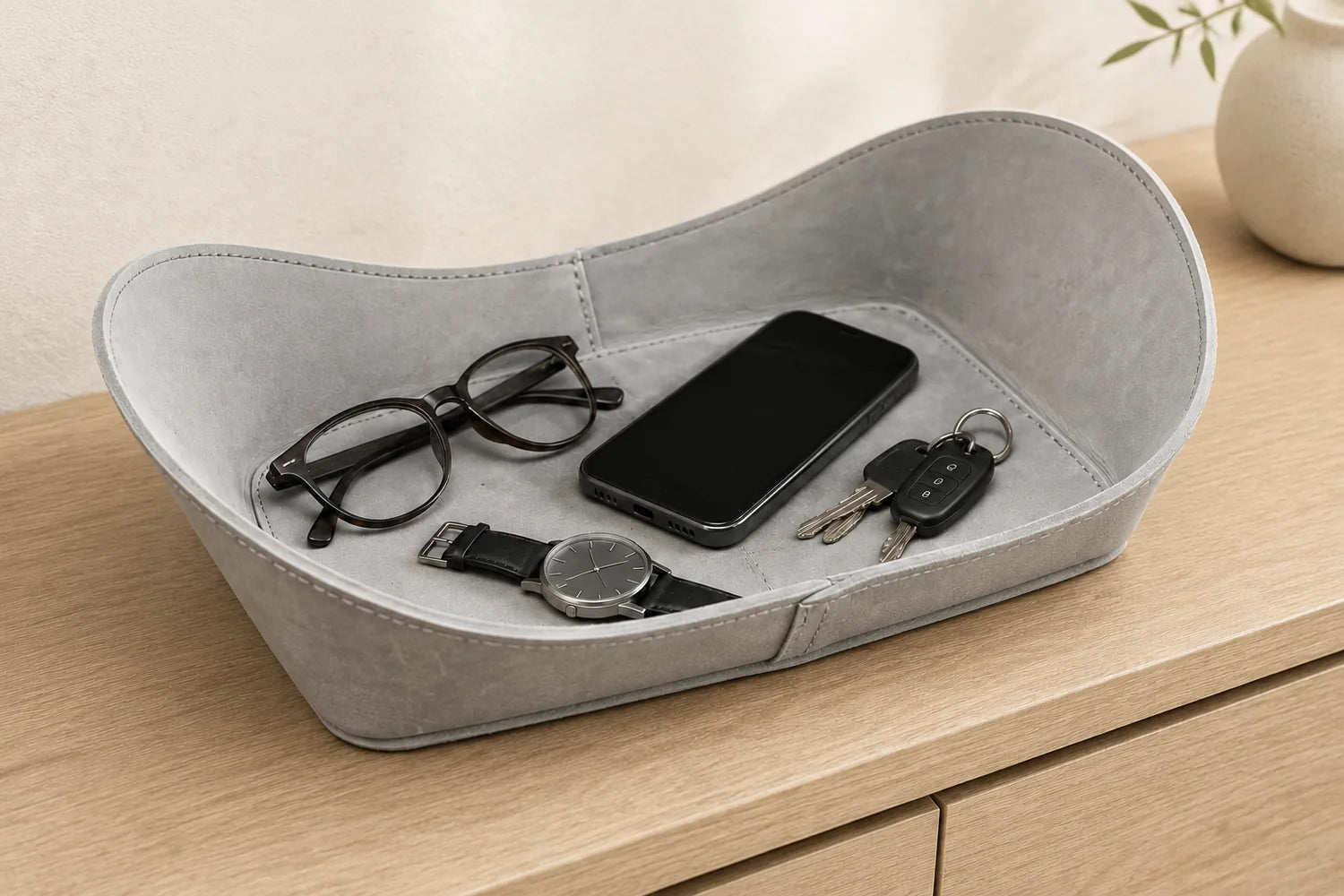 WAVE Tray aus Leder – Grau, Detail