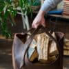 Chocolate brown leather firewood basket